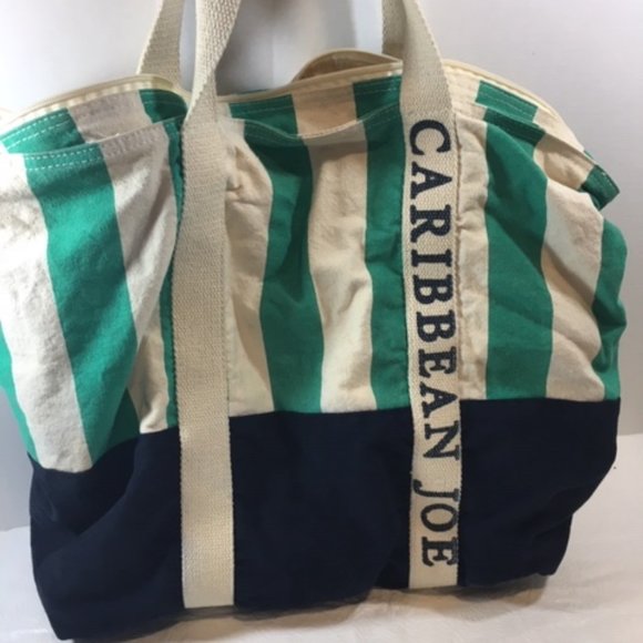 Caribbean Joe Striped Canvas Zip Shopping Beach Travel Tote Bag Extra Lg 22"x18" - Picture 2 of 16